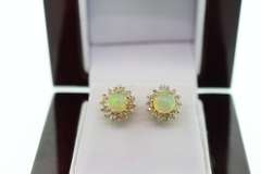 14kt Gold Plated Sterling Silver, Opal, & Diamond Earrings