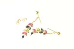 18K Yellow Gold Peridot Sapphire Ruby Leaf Dangle Stud Earrings
