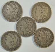 5 Diff. Morgan Silver Dollars 1878 to 1889-O. Nice circs