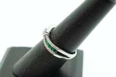 Flowing Channel Set 18k White Gold Emerald and Diamond Ring with Triple-Stone Center