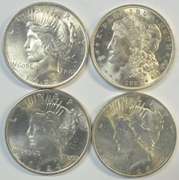Choice BU 1921 Morgan and 1922 to 1924 Peace Dollars. 4pcs