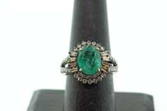 Enchanting Emeral Ring with Round and Baguette Diamonds on a Gold Plated Silver Band