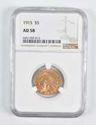 AU58 1915 $5 Indian Head Gold Half Eagle NGC