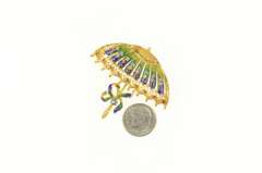 18K Yellow Gold Ruby Sapphire Floral Enamel Umbrella Pin/Brooch
