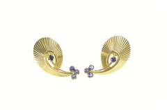 14K Yellow Gold 1960's Sapphire Ornate Grooved Swirl Drop Earrings