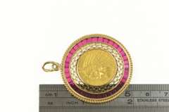 14K Yellow Gold 1914 Indian $2.50 Syn Ruby Medallion Charm/Pendant