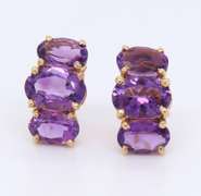 Yellow Gold 3 Stone Amethyst Earrings