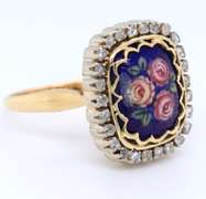 Attractive 18kt Yellow Gold Diamond Rose Cut and Painted Flower Ring