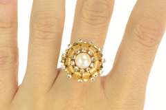 14K Yellow Gold 1950's Retro Pearl CZ Cocktail Halo Cluster Ring