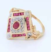 Pleasing Yellow Gold Ruby and Diamond Deco Style Ring