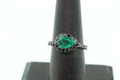 Melancholy Emerald Teardrop 18k White Gold Ring infused with Deep Black Diamonds
