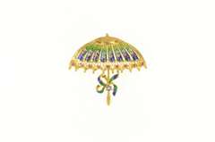 18K Yellow Gold Ruby Sapphire Floral Enamel Umbrella Pin/Brooch
