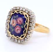 Attractive 18kt Yellow Gold Diamond Rose Cut and Painted Flower Ring