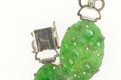 14K White Gold Carved Oval Floral Jade Elaborate Statement Bracelet