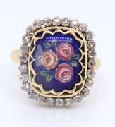 Attractive 18kt Yellow Gold Diamond Rose Cut and Painted Flower Ring