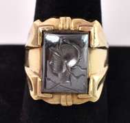 Incredible Large Men's Black Stone Cameo Ring in Yellow Gold