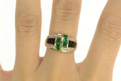 14K Yellow Gold Emerald Cut Syn. Emerald & Sapphire Diamond Ring