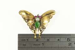 14K Yellow Gold 1950's Jade Pearl Syn. Ruby Butterfly Pin/Brooch