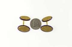 18K Yellow Gold Oval Woven Blue Enamel Men's Ornate Cuff Links