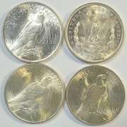 Choice BU 1921 Morgan and 1922 to 1924 Peace Dollars. 4pcs