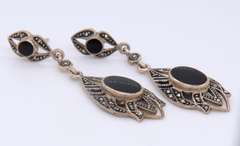 Vintage 925 Sterling Silver Black Onyx and Marcasite Dangle Earrings