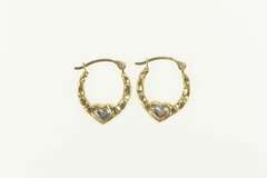10K Yellow Gold Two Tone Heart Pattern Puffy Hoop Earrings
