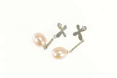 14K White Gold Butterfly Flower Pink Pearl Dangle Earrings