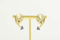 14K Yellow Gold 1960's Sapphire Ornate Grooved Swirl Drop Earrings