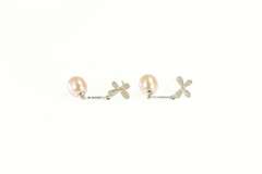 14K White Gold Butterfly Flower Pink Pearl Dangle Earrings