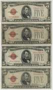4 Series of 1928 $5 Red Seal Notes. Scarcer