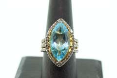 Gorgeous Aquatic Topaz Ring with Brilliant Gold Plated Silver and Diamond Accents