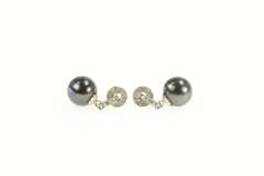 14K White Gold 5.6mm Round Black Pearl Diamond Dangle Earrings