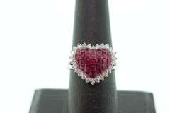 Intensely Romantic Ruby Cluster 18k White Gold Heart Ring rimmed with Diamonds