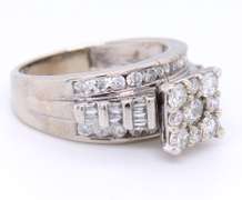 Attractive White Gold Square Cluster RBC and Baguette Diamond Engagement Ring