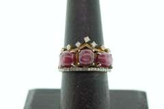 Regal Gold Plated Silver Triple Set Ruby Ring with Diamond Crown