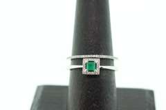 Sleek Double Row 18k White Gold Emerald Ring with Diamond Studs