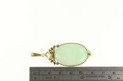 14K Yellow Gold Oval Jade Ornate Scroll Design Statement Pendant