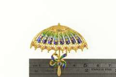 18K Yellow Gold Ruby Sapphire Floral Enamel Umbrella Pin/Brooch