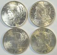 Choice BU 1921 Morgan and 1922 to 1924 Peace Dollars. 4pcs