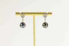 14K White Gold 5.6mm Round Black Pearl Diamond Dangle Earrings