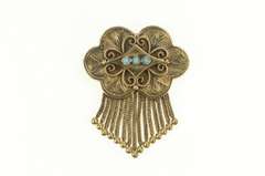 14K Yellow Gold Elaborate Victorian Turquoise Chain Fringe Pin/Brooch