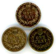 3 Copper Nickel Indian Head Cents from 1860, 1862, & 1863.