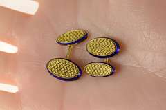 18K Yellow Gold Oval Woven Blue Enamel Men's Ornate Cuff Links