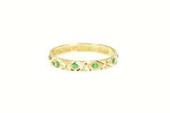 14K Yellow Gold Textured Lattice Pattern Green Enamel Band Ring