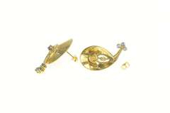 14K Yellow Gold 1960's Sapphire Ornate Grooved Swirl Drop Earrings