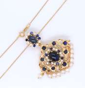 Wonderful Yellow Gold oval Cab Sapphire with Sapphire and Saltwater Pearls Pendant on Chain