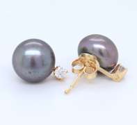 Fancy Yellow Gold Black Fresh Water Pearl and Diamond Stud Earrings