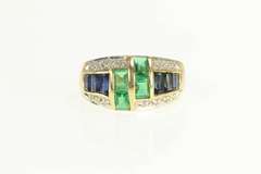 14K Yellow Gold Emerald Cut Syn. Emerald & Sapphire Diamond Ring