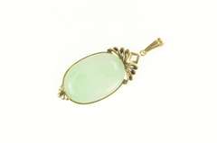 14K Yellow Gold Oval Jade Ornate Scroll Design Statement Pendant