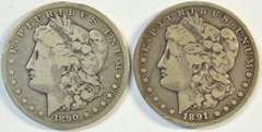 Scarce 1890-CC & 1891-CC Morgan Silver Dollars. Two CC's
